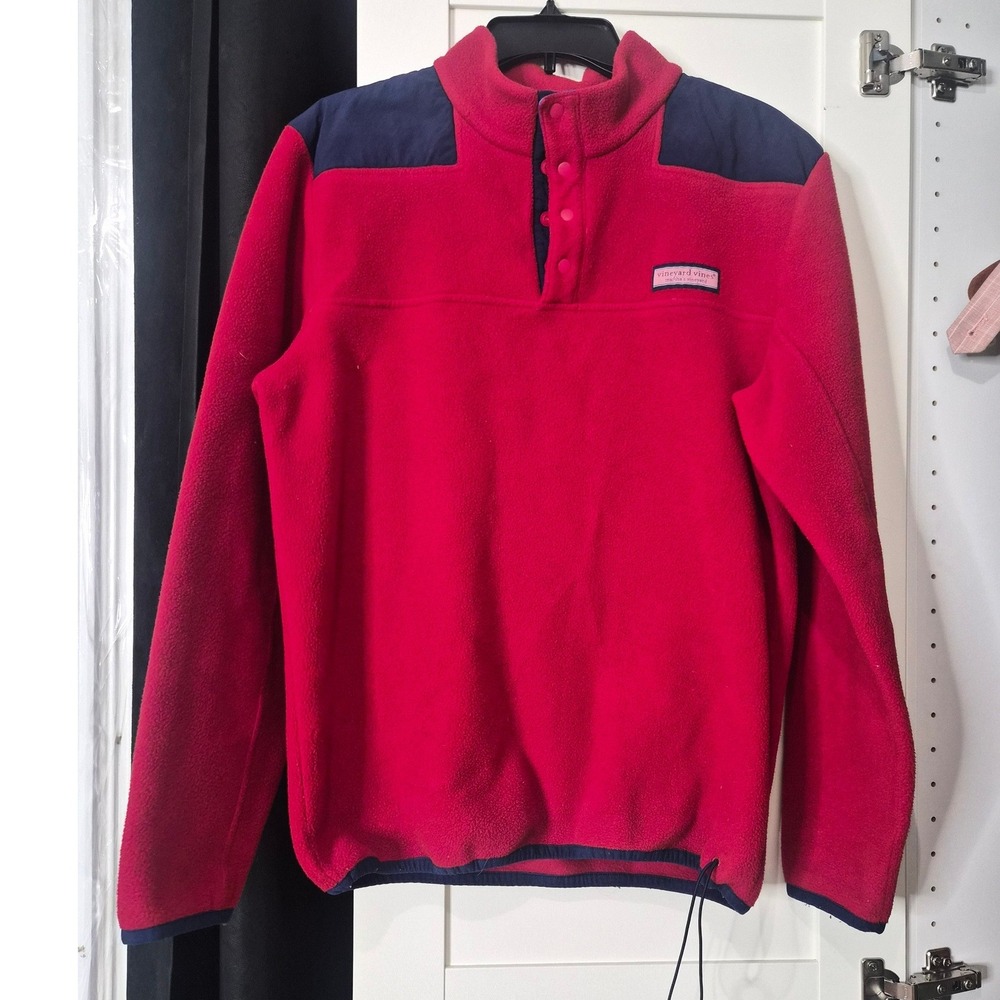 Vineyard Vines Mens Red Navy Blue Snap Front Fleece Pullover Sweater Size M